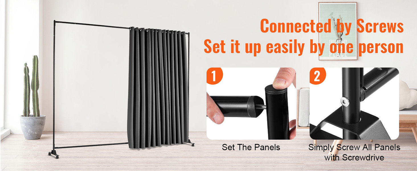 VEVOR room divider setup guide showing assembly steps with screws in a modern living room.