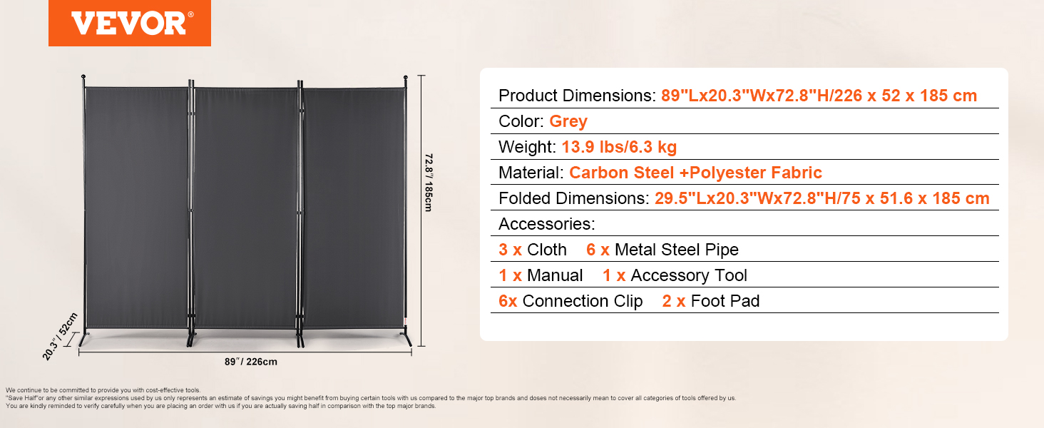 VEVOR room divider, grey, 89"x20.3"x72.8", carbon steel and polyester fabric, accessories included.