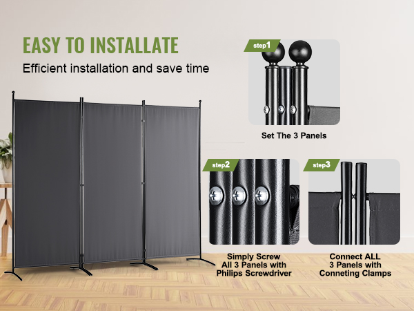VEVOR room divider installation guide with three black panels and assembly steps shown in detail.
