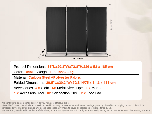 VEVOR room divider with black carbon steel frame, polyester fabric, dimensions: 89"x72.8"x20.3".