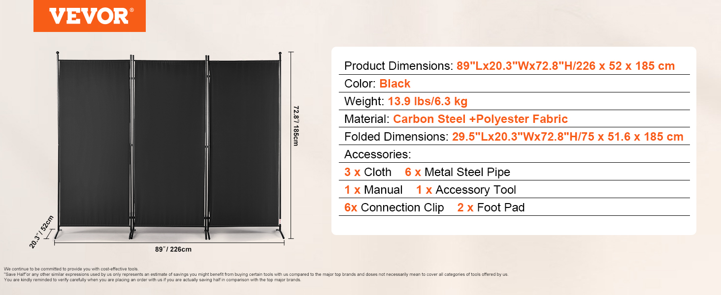 VEVOR room divider with black carbon steel frame, polyester fabric, dimensions: 89"x72.8"x20.3".