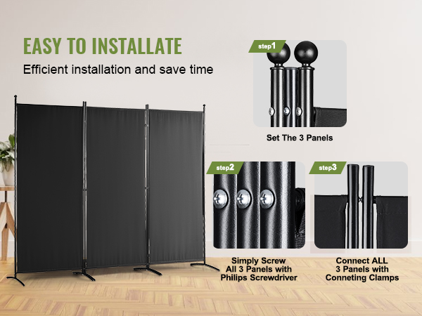 VEVOR room divider: easy to install, efficient, 3 panels setup with screws and clamps, saves time.