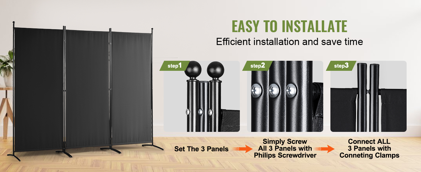 VEVOR room divider: easy to install, efficient, 3 panels setup with screws and clamps, saves time.