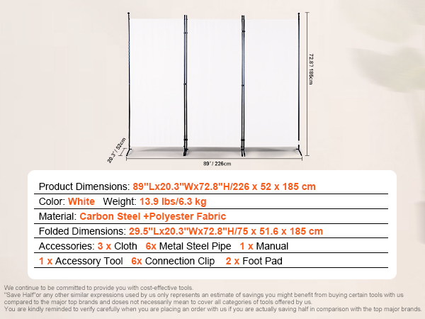 VEVOR room divider with white polyester fabric, carbon steel frame, and dimensions 89”x20.3”x72.8”.