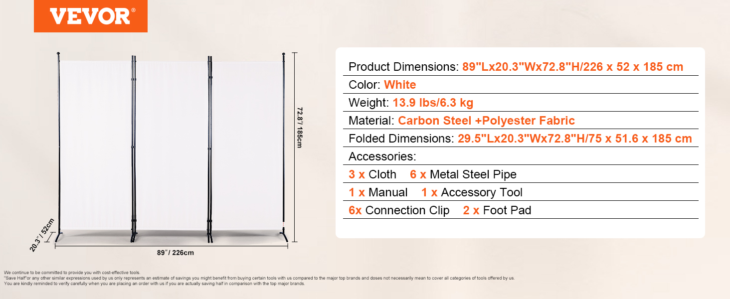 VEVOR room divider with white polyester fabric, carbon steel frame, and dimensions 89”x20.3”x72.8”.