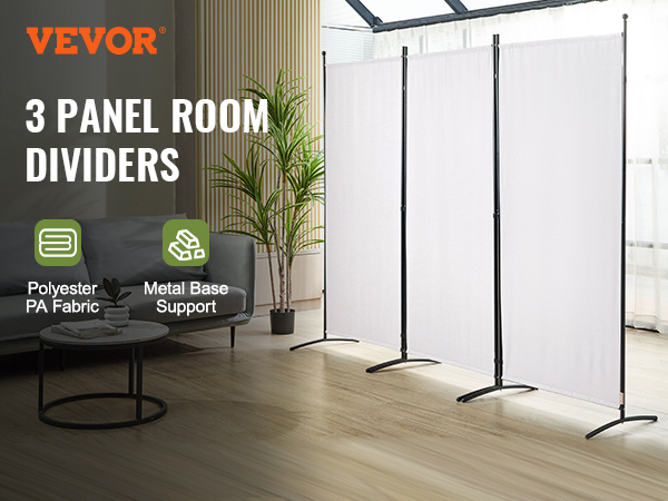 VEVOR room divider 3-panel with polyester pa fabric and metal base support in a modern living room.