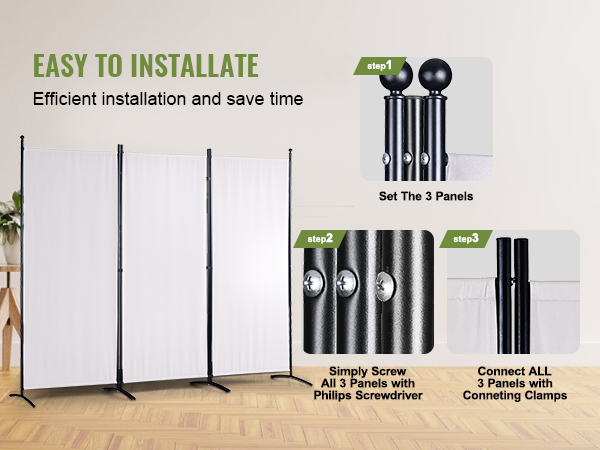 VEVOR room divider installation steps: set panels, screw with philips screwdriver, connect with clamps. efficient setup.