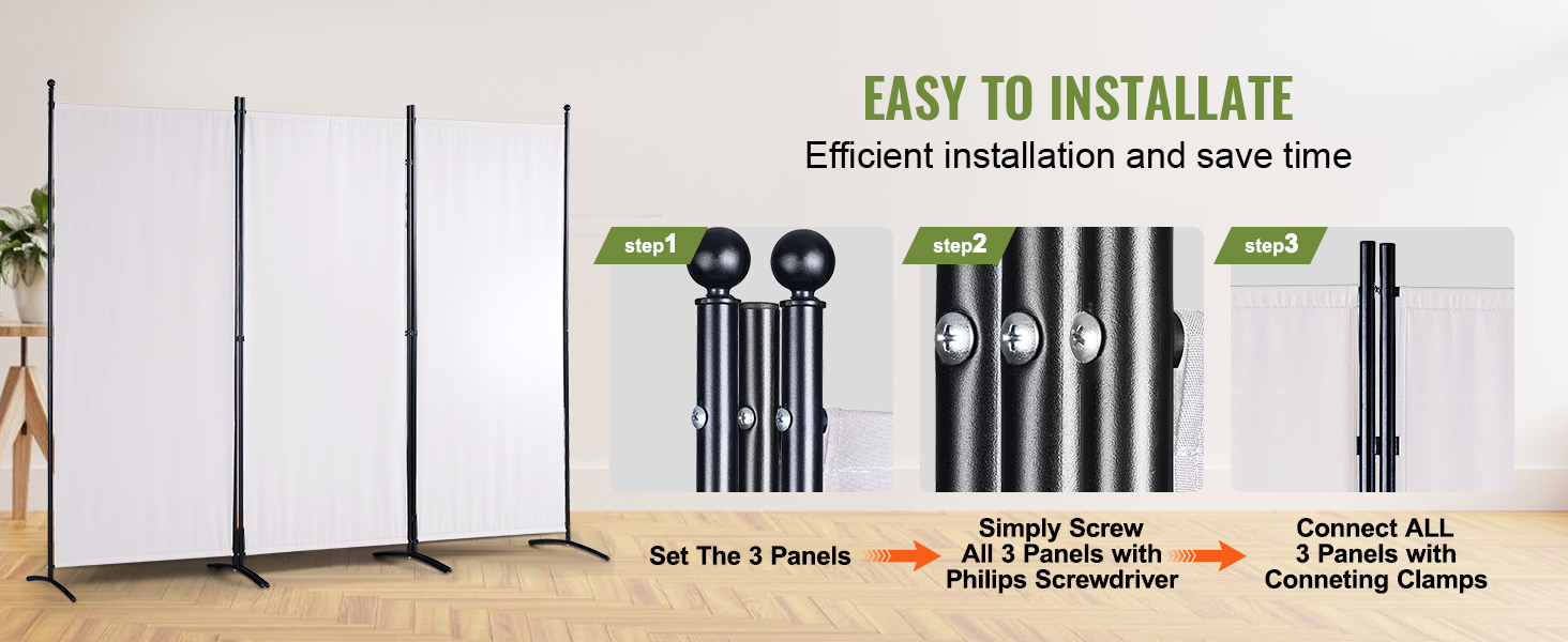 VEVOR room divider installation steps: set panels, screw with philips screwdriver, connect with clamps. efficient setup.