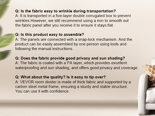 faq section for VEVOR room divider highlighting fabric, assembly, privacy, and stability next to a sofa.