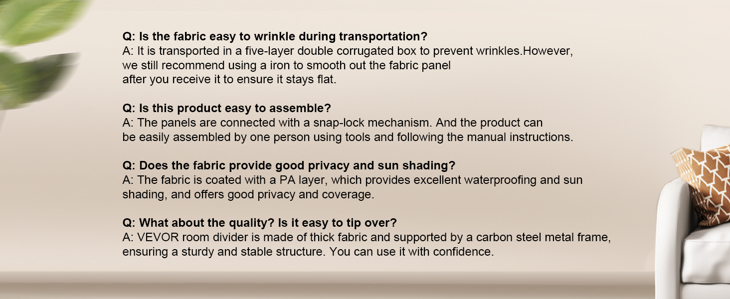 faq section for VEVOR room divider highlighting fabric, assembly, privacy, and stability next to a sofa.