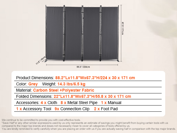 VEVOR room divider, grey, made of carbon steel and polyester, dimensions 88.2"l x 11.8"w x 67.3"h.