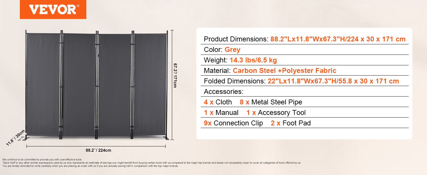 VEVOR room divider, grey, made of carbon steel and polyester, dimensions 88.2"l x 11.8"w x 67.3"h.