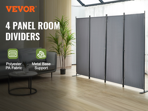 VEVOR room divider with 4 panels, polyester pa fabric, metal base support, and modern living room setup.