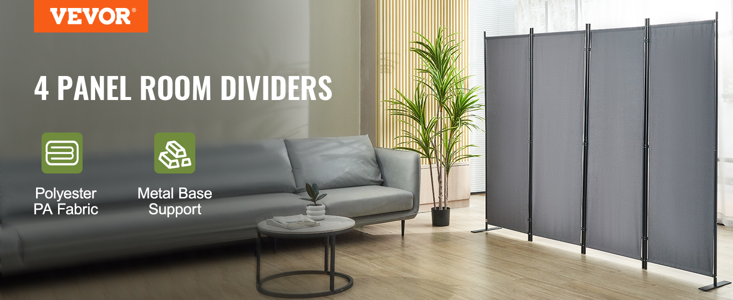 VEVOR room divider with 4 panels, polyester pa fabric, metal base support, and modern living room setup.