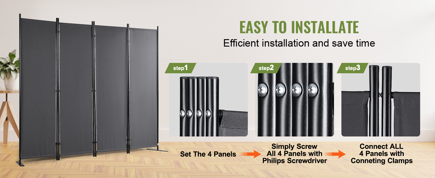 VEVOR room divider installation steps - set panels, screw with philips screwdriver, connect clamps.