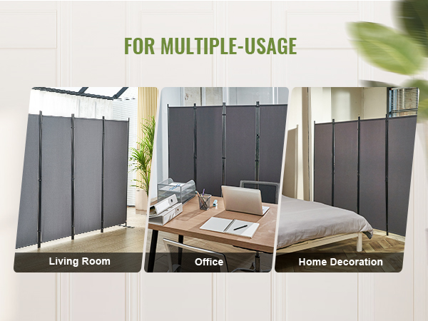 VEVOR room divider in living room, office, and bedroom, showcasing its multiple uses.
