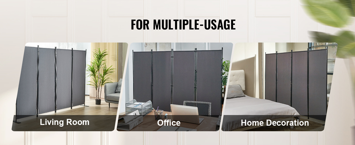 VEVOR room divider in living room, office, and bedroom, showcasing its multiple uses.