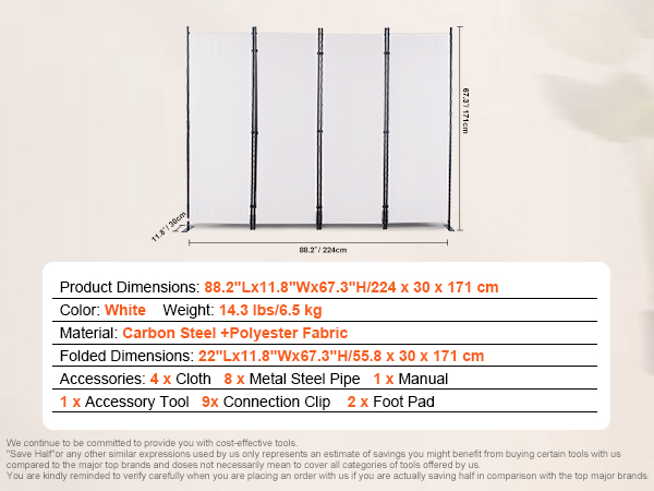 VEVOR room divider, 88.2"x11.8"x67.3", white, 14.3 lbs, carbon steel and polyester fabric, accessories included.