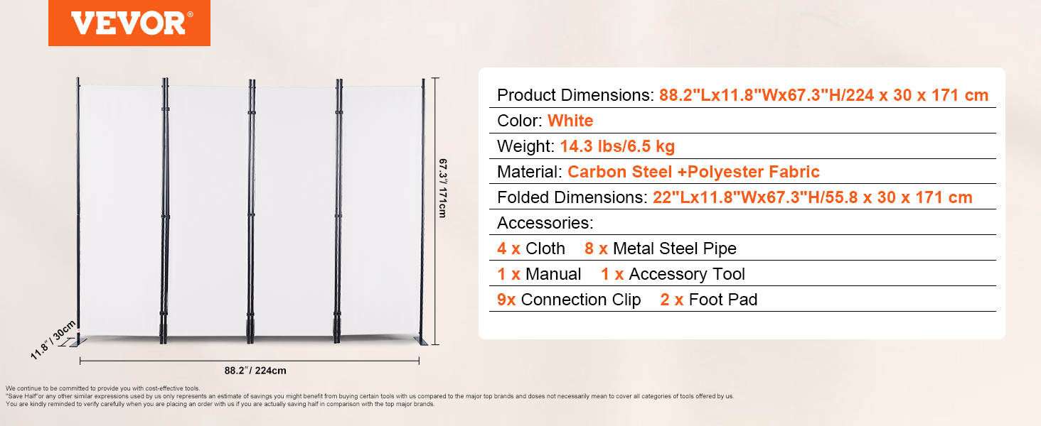 VEVOR room divider, 88.2"x11.8"x67.3", white, 14.3 lbs, carbon steel and polyester fabric, accessories included.