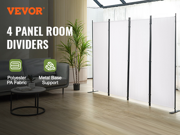 VEVOR room divider with 4 panels, polyester pa fabric, metal base support in a modern living room.