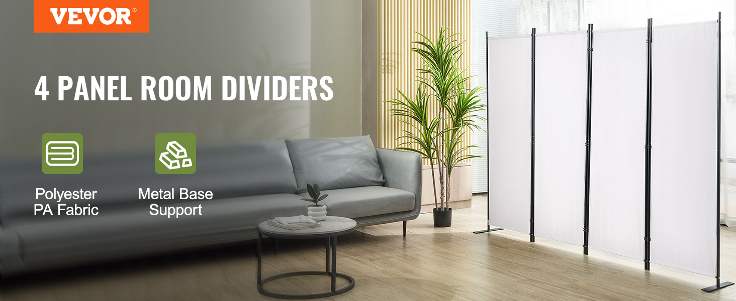 VEVOR room divider with 4 panels, polyester pa fabric, metal base support in a modern living room.