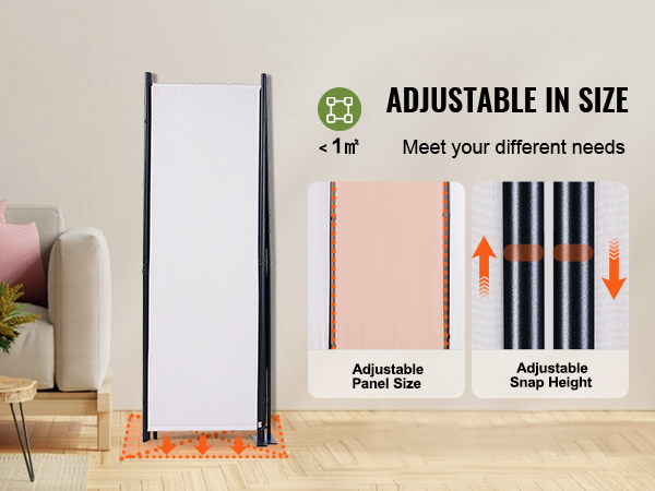 VEVOR room divider shown in a modern living room, featuring adjustable panel size and snap height.