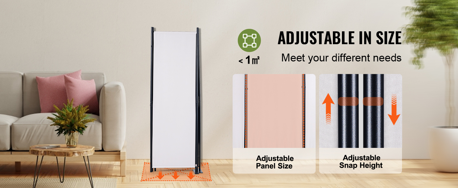 VEVOR room divider shown in a modern living room, featuring adjustable panel size and snap height.