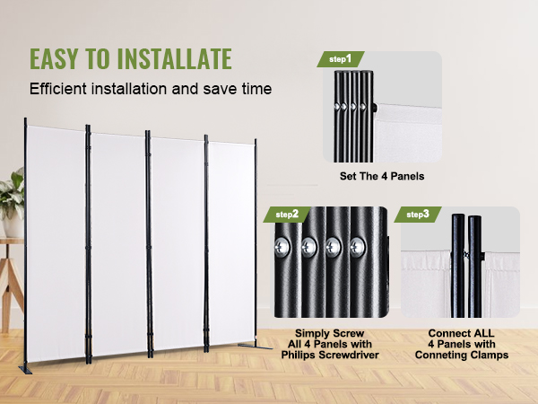 VEVOR room divider instructions showing easy installation in three steps with connecting clamps.