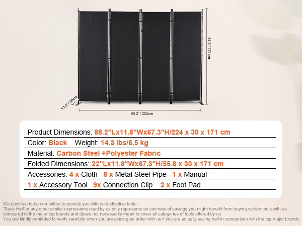 VEVOR room divider, 88.2"x11.8"x67.3", black, carbon steel + polyester fabric, 14.3 lbs.