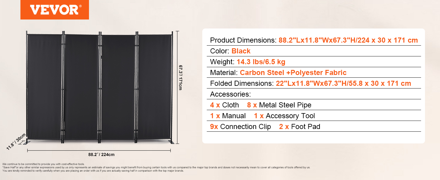 VEVOR room divider, 88.2"x11.8"x67.3", black, carbon steel + polyester fabric, 14.3 lbs.