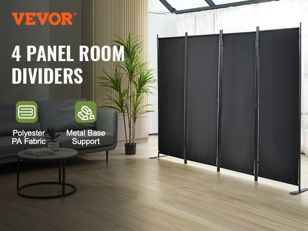 VEVOR room divider with 4 black panels, polyester pa fabric, and metal base support in living room.