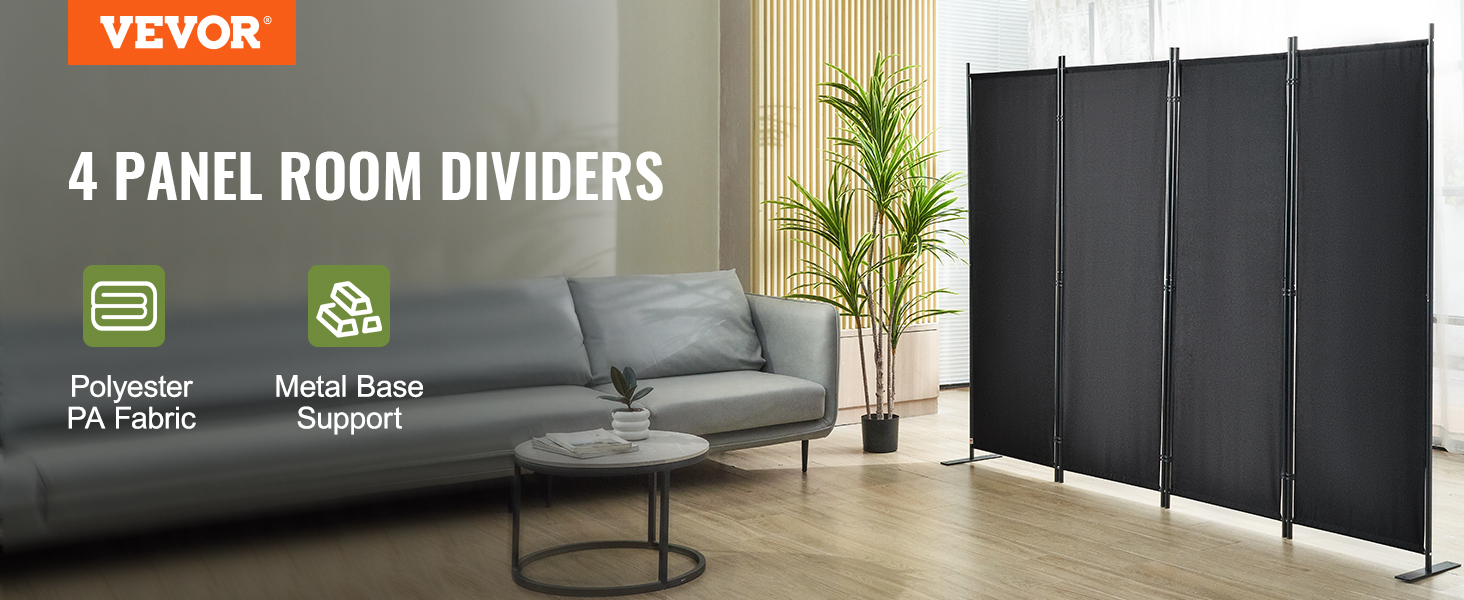 VEVOR room divider with 4 black panels, polyester pa fabric, and metal base support in living room.