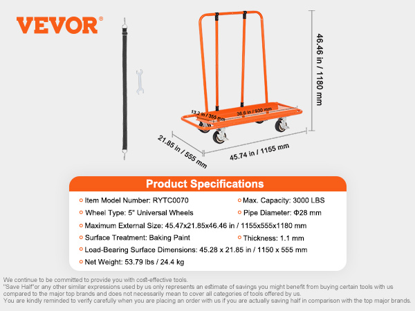 VEVOR drywall cart: max capacity 3000 lbs, 5" wheels, 45.47x21.85x46.46 in, 53.79 lbs, baking paint.