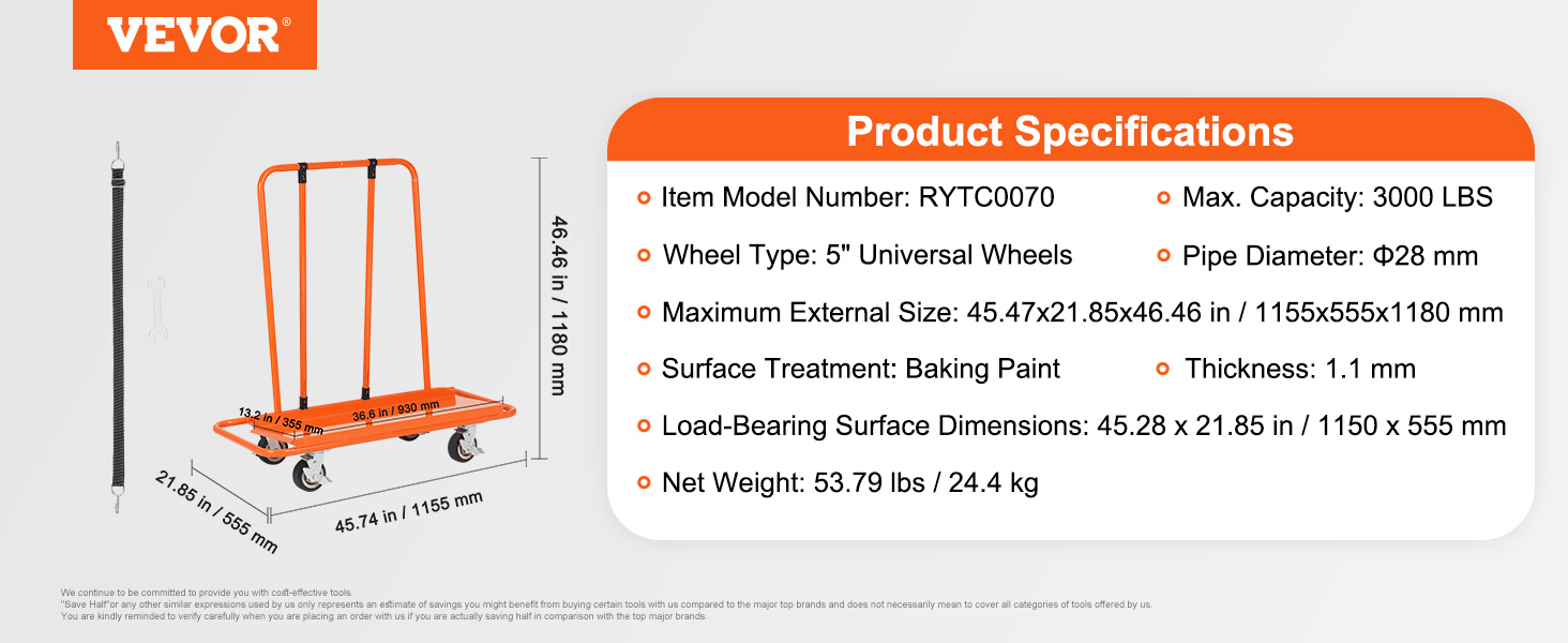 VEVOR drywall cart: max capacity 3000 lbs, 5" wheels, 45.47x21.85x46.46 in, 53.79 lbs, baking paint.