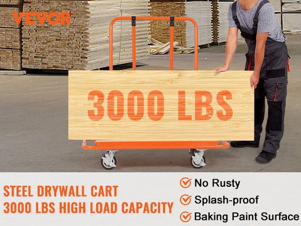 VEVOR drywall cart in warehouse holding a 3000 lbs load, features include rust and splash-proof.