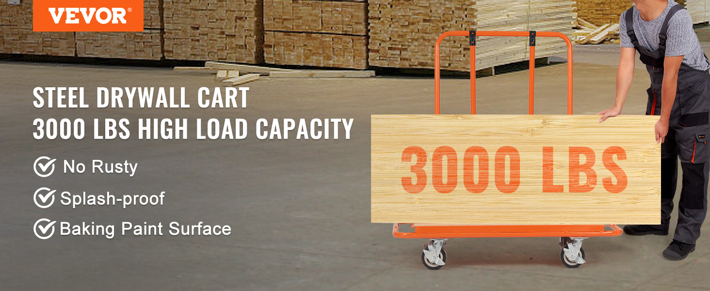 VEVOR drywall cart in warehouse holding a 3000 lbs load, features include rust and splash-proof.
