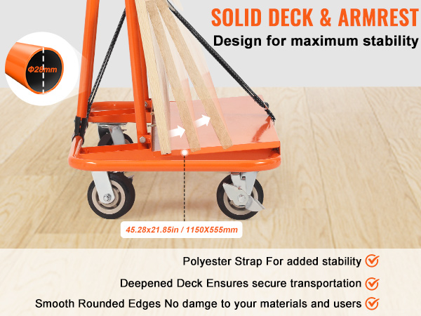 VEVOR drywall cart with solid deck, armrest, polyester strap, and smooth rounded edges for stability.