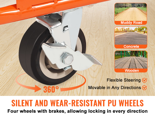 VEVOR drywall cart with silent pu wheels, suitable for muddy, concrete, and wooden surfaces.