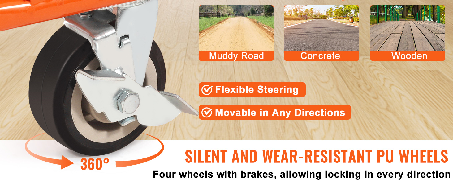 VEVOR drywall cart with silent pu wheels, suitable for muddy, concrete, and wooden surfaces.