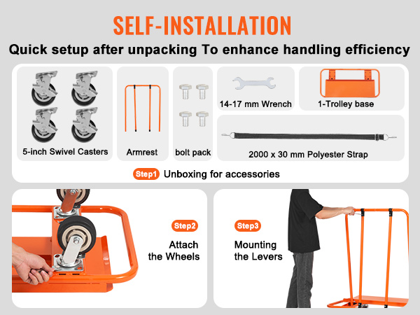 self-installation steps for VEVOR drywall cart: unboxing, attaching wheels, and mounting levers.