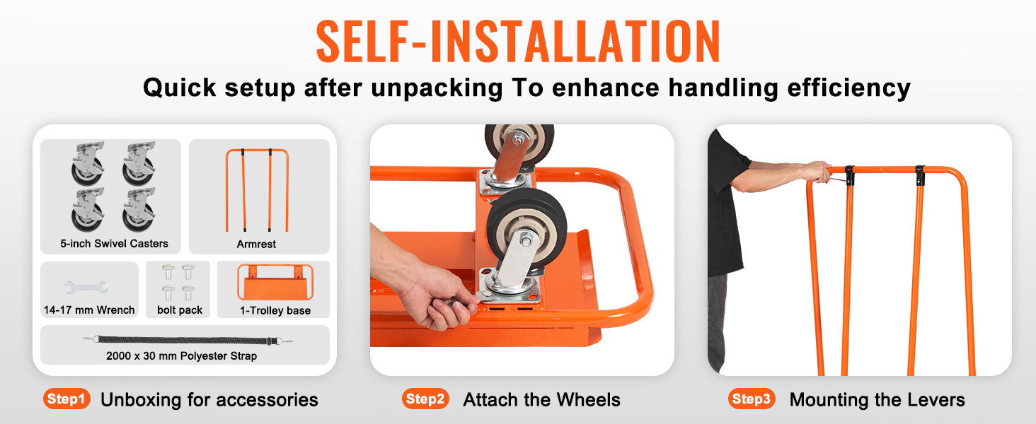 self-installation steps for VEVOR drywall cart: unboxing, attaching wheels, and mounting levers.