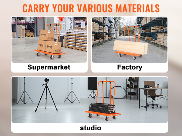 VEVOR drywall cart carrying materials in factory, supermarket, and studio settings.