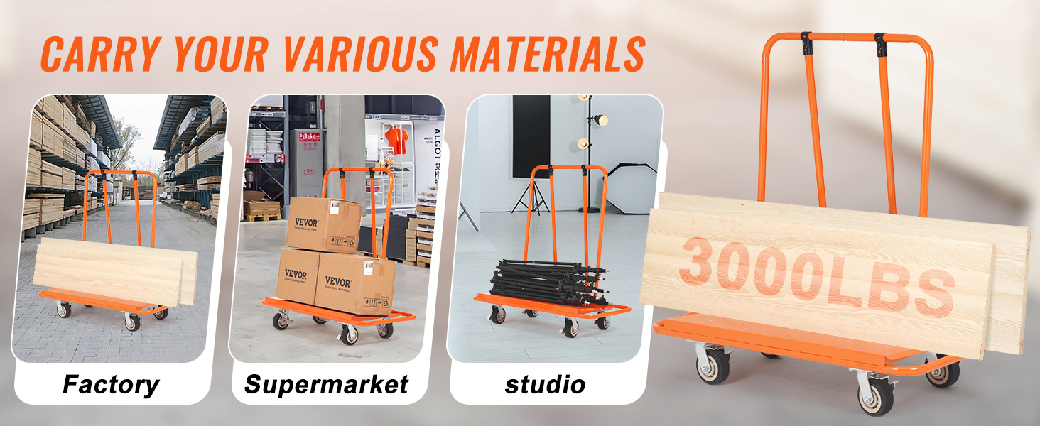 VEVOR drywall cart carrying materials in factory, supermarket, and studio settings.
