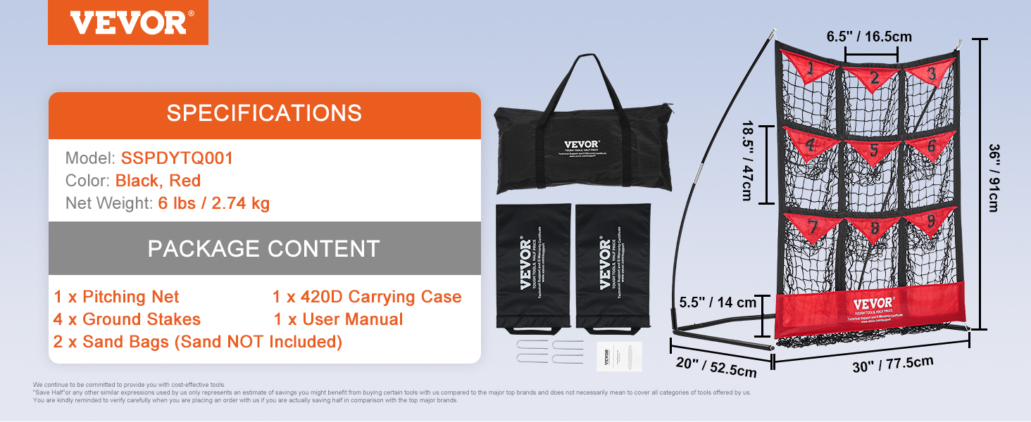 VEVOR baseball net specifications and package contents, including pitching net, stakes, and carrying case.