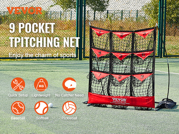 VEVOR baseball net with 9 pockets on a field, player pitching with a mitt, surrounded by icons.