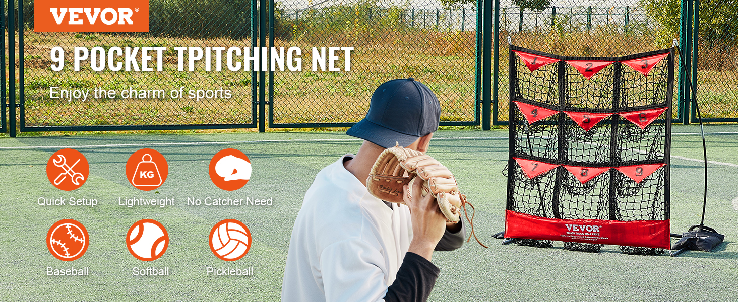 VEVOR baseball net with 9 pockets on a field, player pitching with a mitt, surrounded by icons.