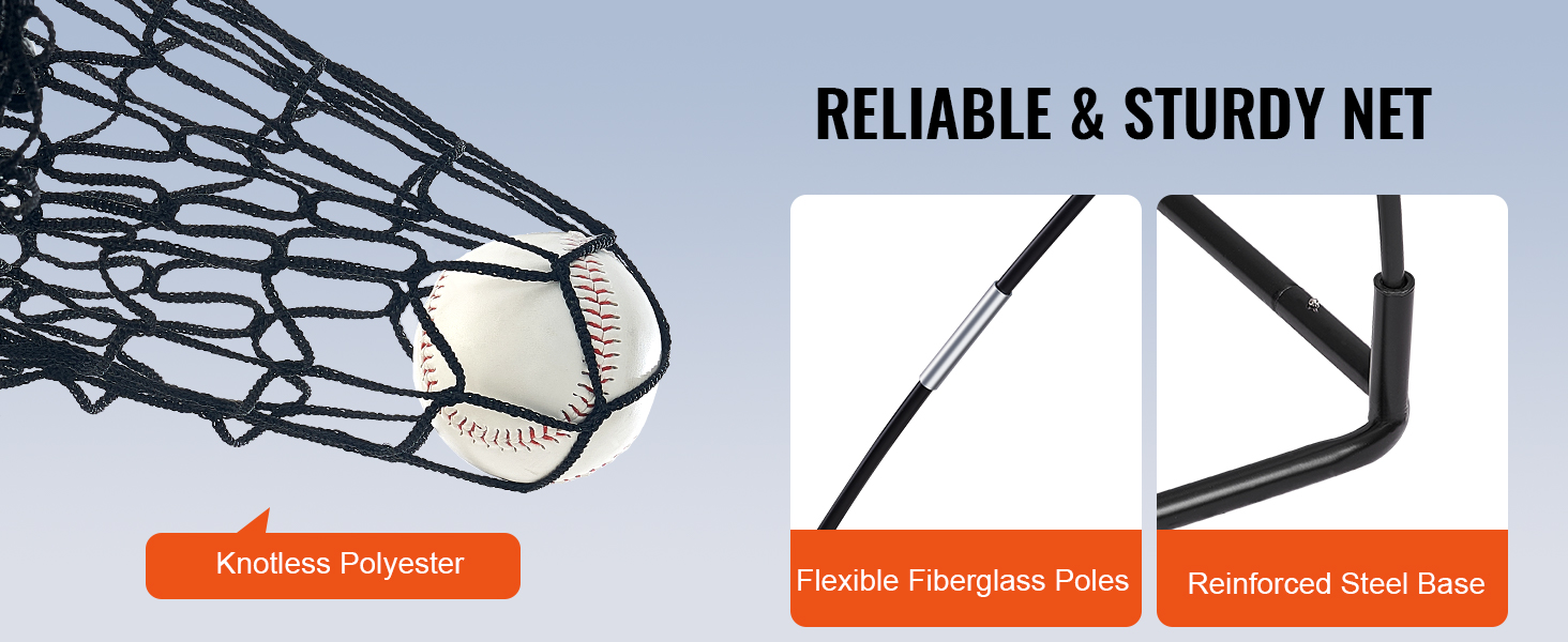 VEVOR baseball net with knotless polyester, flexible fiberglass poles, and reinforced steel base. reliable and sturdy.