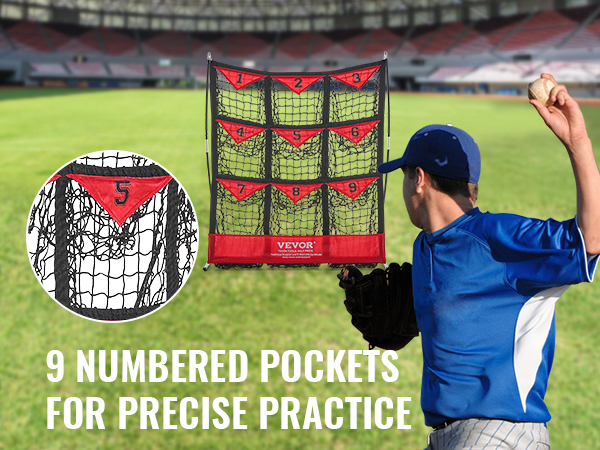baseball player using VEVOR baseball net with 9 numbered pockets for precise pitch practice.