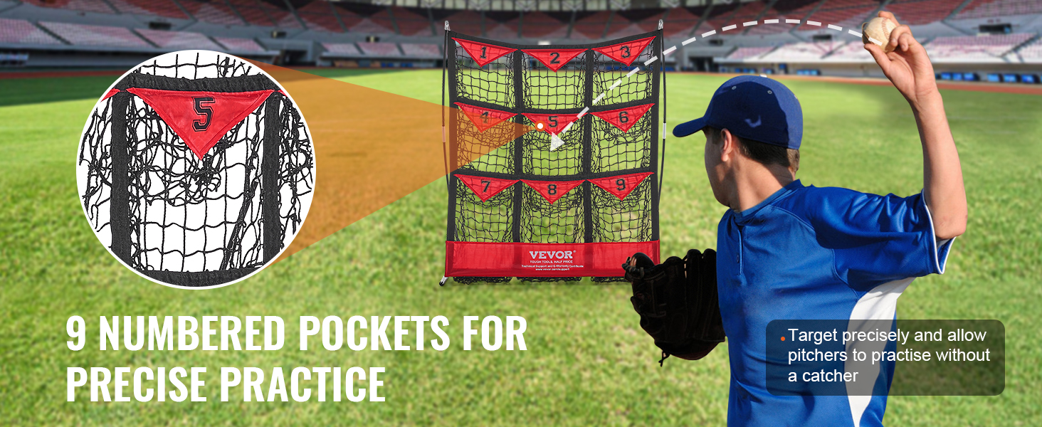baseball player using VEVOR baseball net with 9 numbered pockets for precise pitch practice.