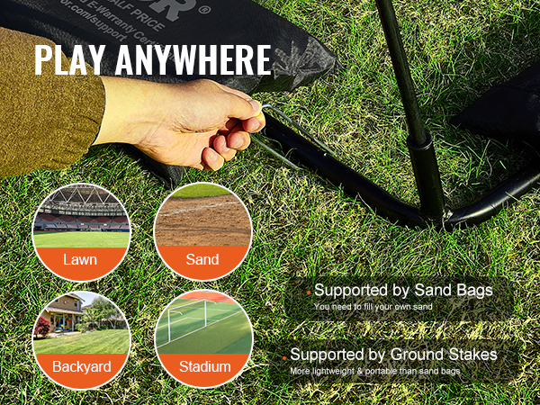 play anywhere with VEVOR baseball net; supported by lightweight ground stakes or fillable sandbags in various terrains.